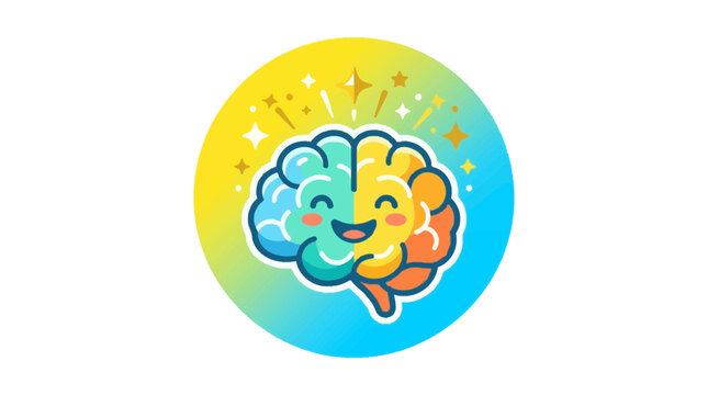 Happy, smiling cartoon brain with two distinct halves, one blue and one yellow, surrounded by sparkling light rays, symbolizing intelligence and creativity.