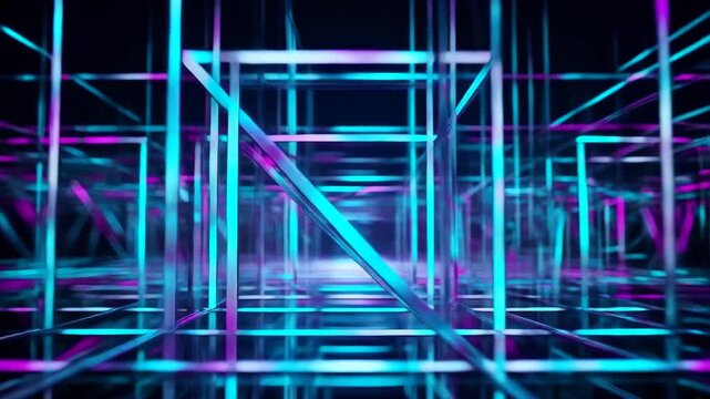 Modern geometric abstract background with holographic cyan magenta grid lines