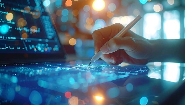 Tech Innovation at Hand: A close-up view captures the precise movements of a hand using a digital pen on a sleek tablet, highlighting the fusion of human ingenuity and innovative technology. 