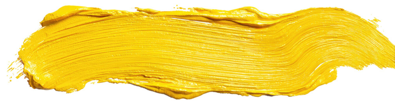 A smear of thick, textured yellow paint on a transparent background, revealing brushstrokes