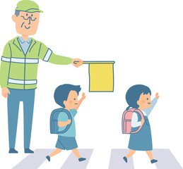 横断歩道を渡る小学生と地域ボランティアの男性のイラスト
