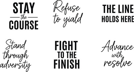 Set of six motivational quotes featuring bold typography and elegant script for resilience, determination, courage, and persistence in business, sports, and personal growth challenges. (25 words) © Ketab