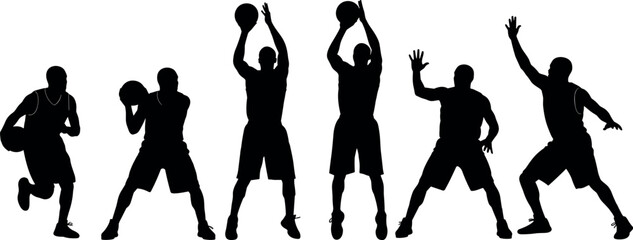Basketball player silhouette set featuring dribbling shooting passing and defending poses isolated vector illustration of athletic sports action figures for team game design © MdMojibar