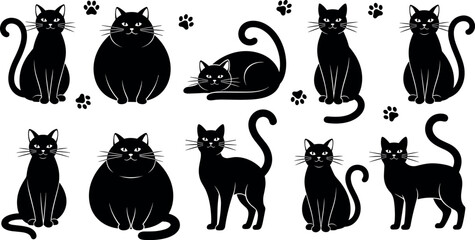 Black cat silhouette collection with different sitting standing and lying poses isolated vector set of cute feline pets with paw prints © MdMojibar