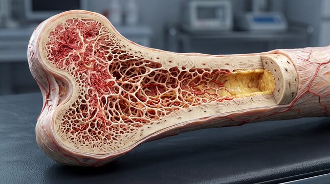 Bone Anatomy: Cross-section of human bone revealing marrow, spongy, and compact bone structures.