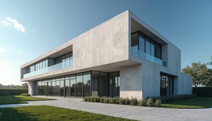 Fototapeta premium Modern concrete building with large glass panels. Exterior shot of contemporary structure with clean lines, wide windows. Minimalist design, geometric shapes define functional commercial office space.