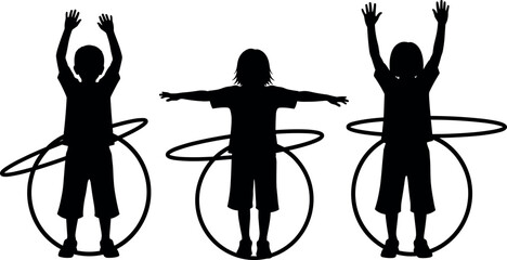 Kids playing with hula hoop silhouette set isolated vector illustration of children exercise activity fun movement and healthy outdoor play concept © MdMojibar