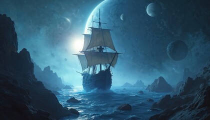 Obraz premium Old sailing ship navigates through space sea past planets and rocky shores. Astral voyage on a dark fantasy cosmos with blue nebula clouds and distant stars.