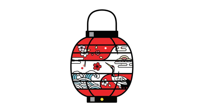 Japanese Lantern with Crane and Waves