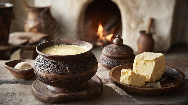 suja, traditional Bhutanese butter tea in creamy yellow color with oily texture, served in phor (traditional bowl) of carved wood with lid. 