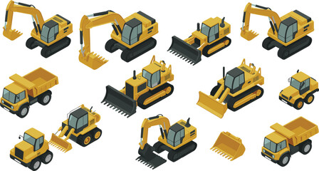 Construction heavy machinery vehicles collection including excavators bulldozers loaders and dump trucks isolated flat vector illustration equipment set