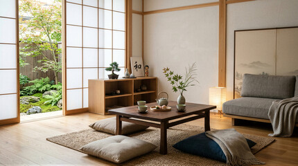 Serene japanese-inspired living room home interior minimalist design natural light cozy atmosphere