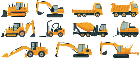 Construction machinery vehicles collection including excavator bulldozer dump truck concrete mixer forklift crane loader heavy equipment flat vector illustration set © SreeRupali