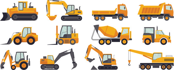 Construction machinery vehicles set with excavator bulldozer dump truck crane forklift loader mixer heavy equipment flat vector illustration collection © SreeRupali