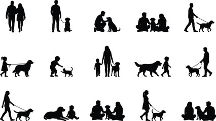 Fototapeta premium Collection of fifteen silhouettes of people with dogs and cats in various activities including walking, sitting, and playing, vector illustration design for pets, family, and companionship.