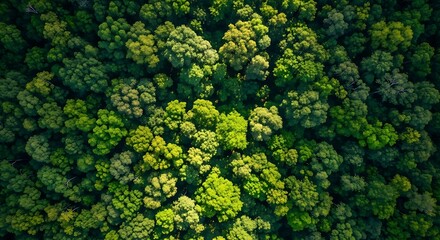 Top view aerial perspective of dense jungle canopy forming a vibrant green forest texture, illuminated by natural daylight and creating an organic tropical pattern.