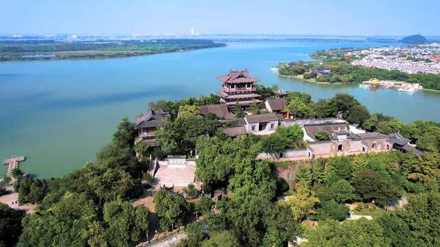 Beigushan Ancient Temple Aerial View, Zhenjiang Yangtze River