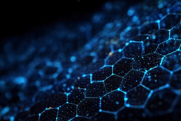 Obraz premium Detailed blue hexagonal grid pattern with glowing connections and scattered bright points across a dark background
