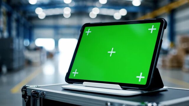 Tablet computer with green screen for visual effects production in a modern facility