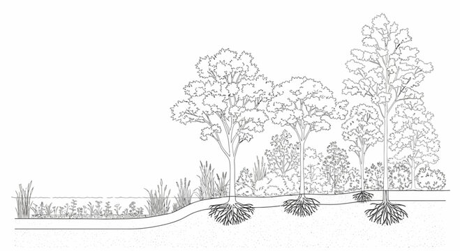 Cross-section of riparian vegetation with diverse plant life and extensive root systems