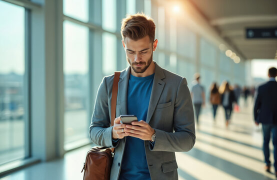 Man in suit jacket checks phone, walks through bright airport terminal. Businessman with leather bag on shoulder. People travel in blurred background.