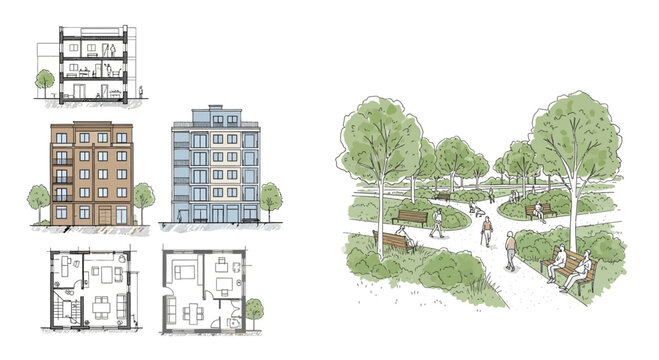 Architectural design of modern apartment building and park landscape