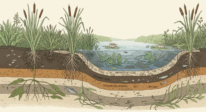 Cross-section of a wetland ecosystem showing soil layers, aquatic plants, and fish