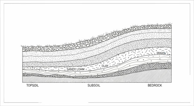 Soil Profile Layers: Topsoil, Subsoil, Clay, Gravel, and Bedrock Cross-Section Diagram