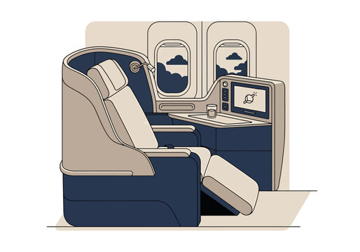 Modern Airplane First Class Cabin Seat With Entertainment System and Window View of Clouds