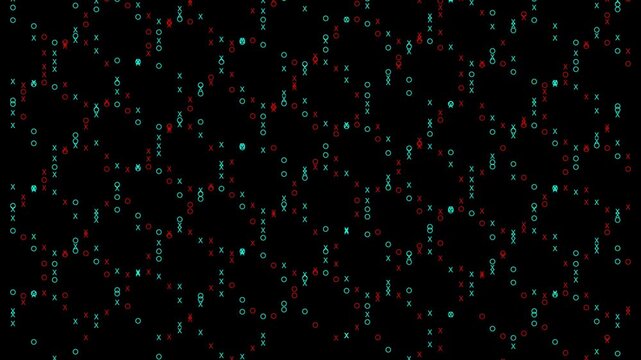 A flat, digital field of red and teal 'X' and 'O' symbols flickering and shifting randomly on a black background.