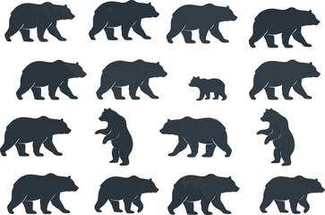 Collection of fifteen bear silhouettes in various poses including walking, standing, and cub figures, wildlife animal vector illustration design for nature, forest, and educational art. © MdMoksad