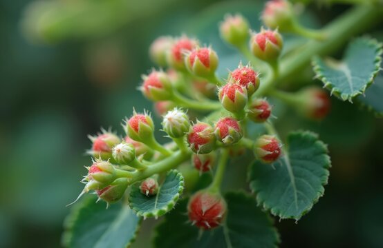 Cissus quadrangularis plant buds cluster. Green leaves and red spherical fruits on vine. Natural flora detail, tropical growth, garden element.