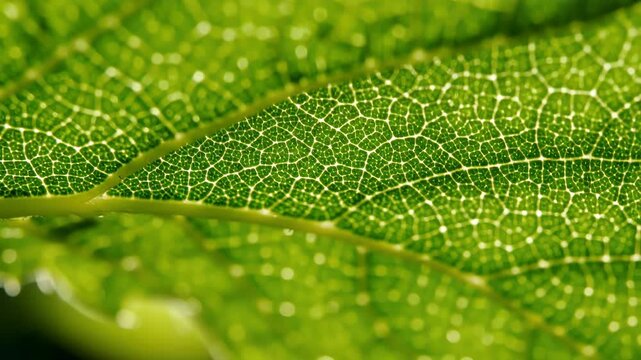 Backlit green leaf showing intricate vein network and cell structure