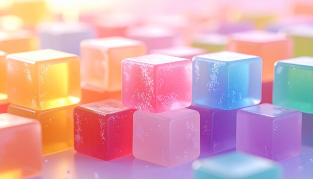 Bright translucent colorful cubes stacked together creating a vibrant abstract composition. A modern digital art background representing color harmony, creativity, and playful geometric design.