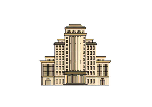 Grand Office Building Facade with Many Windows and Architectural Details Isolated on White Background Vector Art