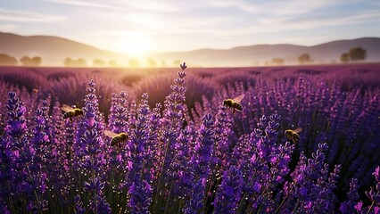 Fototapeta premium Golden Sunrise Over A Vibrant Lavender Field With Butterflies.
