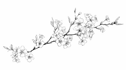 Fototapeta premium Delicate Cherry Blossom Branch Illustration in Black and White.