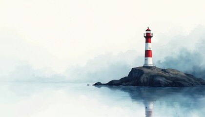 Fototapeta premium Watercolor painting of red and white lighthouse on rocky island. Calm sea water reflects structure. Soft mist obscures distant shore. Beacon stands guard.