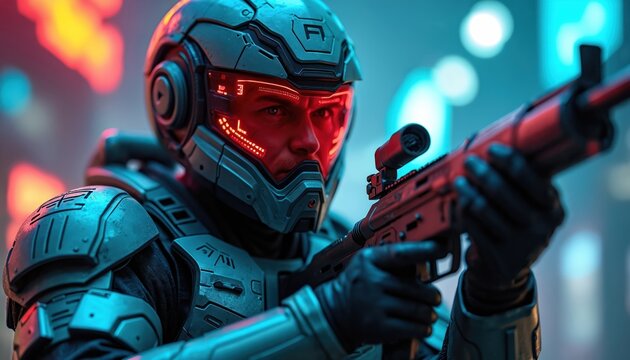 Man in futuristic armor with helmet aims rifle. Glowing red visor shows combat data. Sci-fi soldier prepares for battle in dark setting. Cybernetic warrior holds weapon.