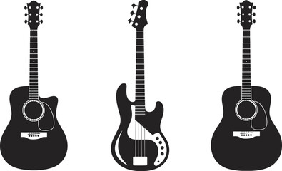 Three black silhouette guitars including acoustic and bass on a white background Keywords: guitar, music, instrument, acoustic