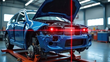 Naklejka premium Blue car body disassembled on repair stand with red laser alignment guides in garage. Auto mechanic measuring frame for structural damage. Vehicle undergoing fixing process.