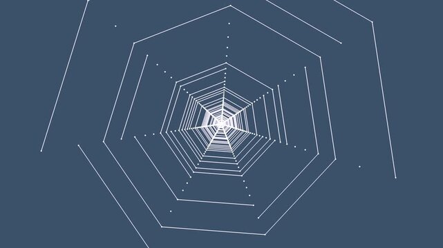 A geometric tunnel composed of expanding white concentric heptagons and lines that create a web-like spiraling effect against a solid slate blue background.