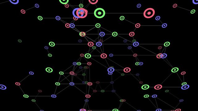A multi-layered network of red, green, and blue concentric circles connected by thin lines, undulating like a digital landscape in a 3D dark void.