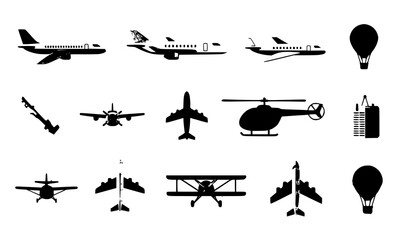 A collection of black silhouettes of various aircraft and balloons © BokaUllah