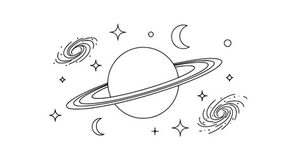 A minimalist vector illustration of Saturn surrounded by celestial bodies and stars © BokaUllah