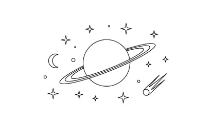 A minimalist vector illustration of a planet with rings and stars © BokaUllah