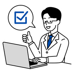 ノートパソコンを操作しながら完了の合図をする医師の男性