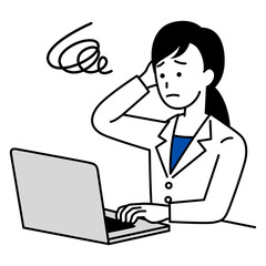 ノートパソコンでの仕事で困っている医師の女性