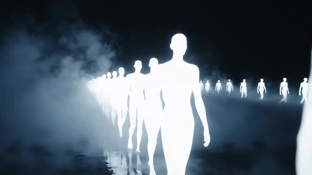 Abstract glowing human forms walking on a dark misty path