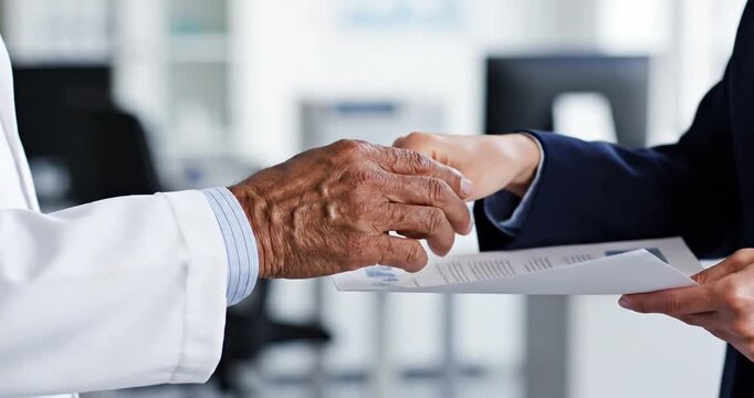 A doctor and a patient exchanging a document in a modern medical office setting